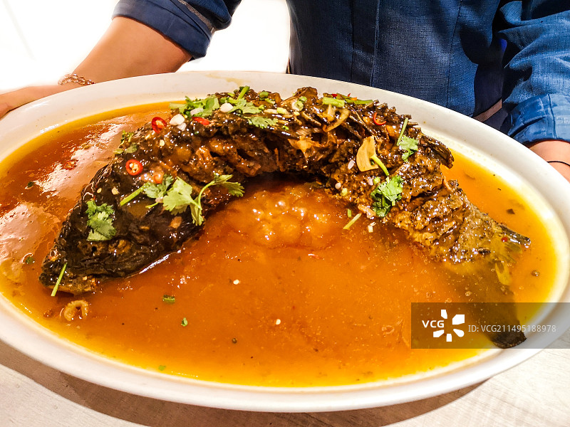 一条宁夏的红烧黄河鲤鱼图片素材