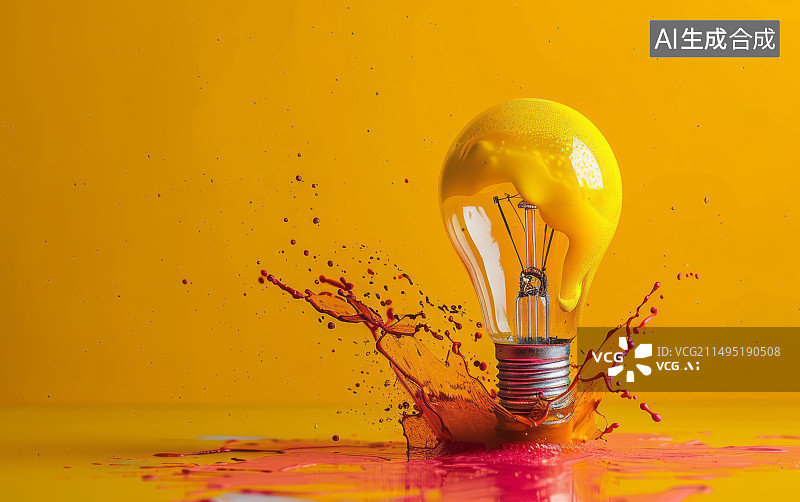 【AI数字艺术】由一个灯泡和彩色的液体构成的创意艺术背景图片素材