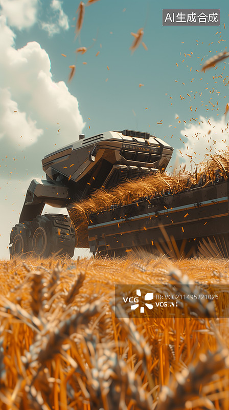 【AI数字艺术】农田里收割小麦的未来高效新型智能农业机械3d场景图片素材