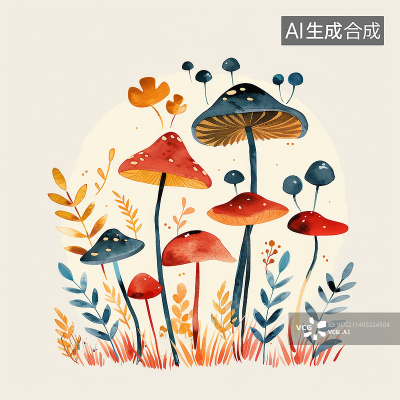 【AI数字艺术】白色背景下的蘑菇插画图片素材