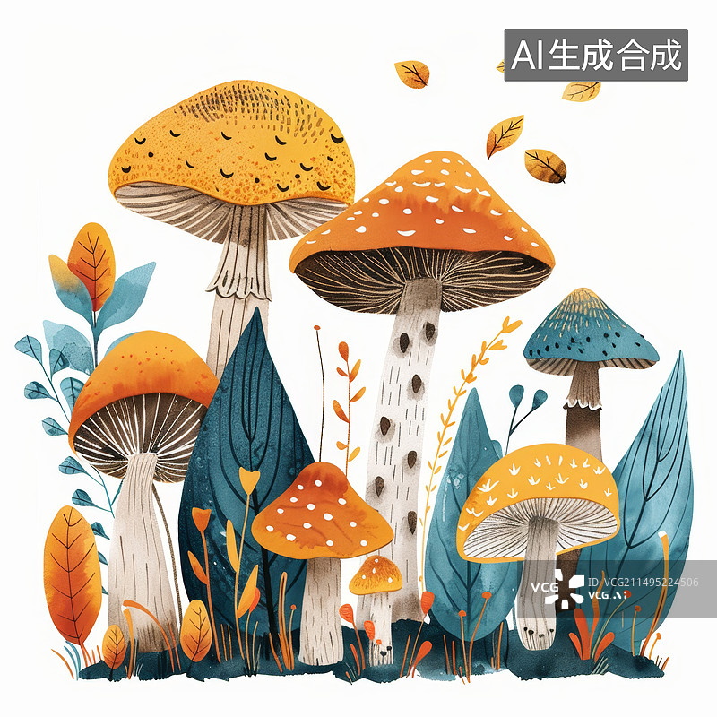 【AI数字艺术】白色背景下的蘑菇插画图片素材