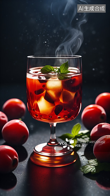 【AI数字艺术】黑色背景下桌上冒着冷气的冰镇酸梅汤的特写镜头图片素材