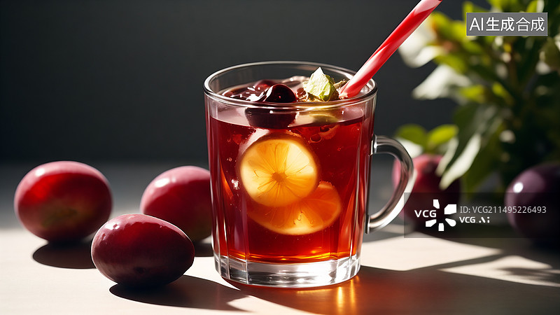 【AI数字艺术】黑色背景下桌上酸梅汤冰镇饮料的特写镜头图片素材