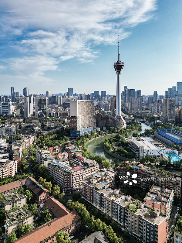 成都市中心猛追湾天府熊猫塔航拍视角图片素材