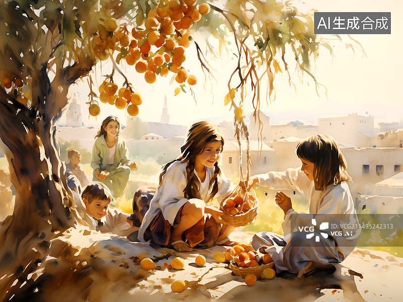 【AI数字艺术】孩子们在果树下分享果实图片素材