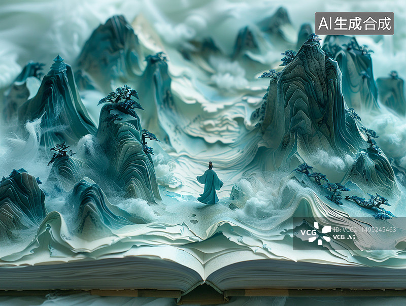 【AI数字艺术】打开的书籍里面是中国风山水和人图片素材