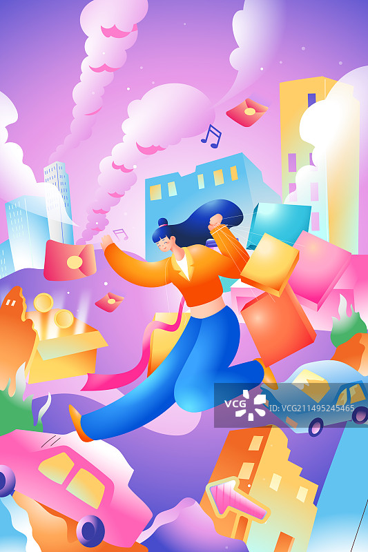 卡通电商消费券购物节狂欢节促销优惠青年潮流学生游戏娱乐红包网购休闲城市生活出行商务科技渐变矢量插画图片素材