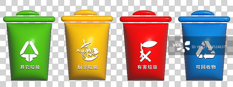 3D膨胀风卡通不同垃圾的颜色及标志插画，不同颜色的回收箱，废物容器图片素材