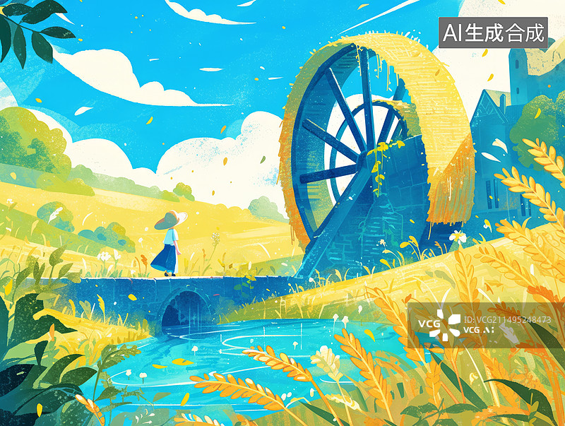【AI数字艺术】女孩与水车,田园风光画图片素材
