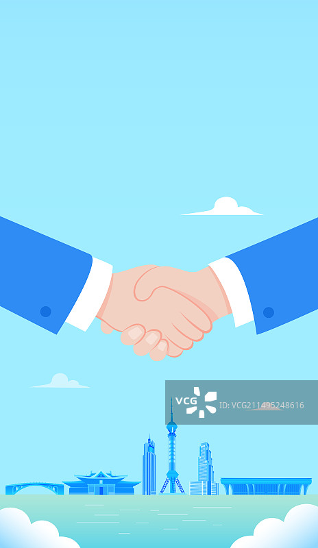 石家庄企业合作矢量插画，合作共赢城市建设商务合作现代城市峰会共赢商机，展板企业文化握手盛典图片素材