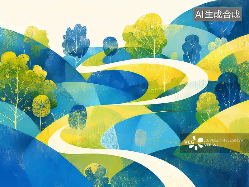 【AI数字艺术】蜿蜒河流穿越田园风光图片素材