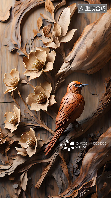 【AI数字艺术】木雕上的鸟图片素材