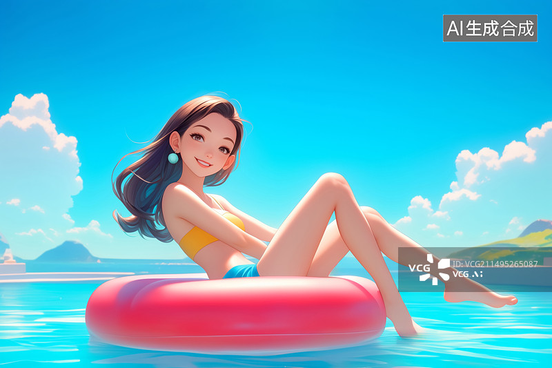 【AI数字艺术】夏季海边一个坐在游泳圈上的美女插画图片素材