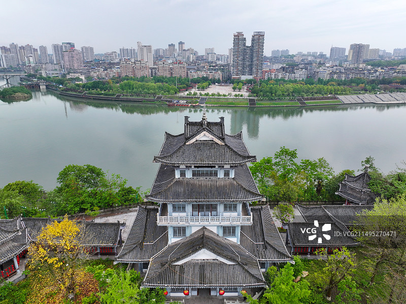 四川省内江市大千园张大千纪念馆大洲广场北渡码头航拍图片素材
