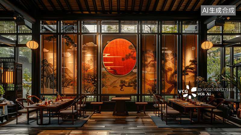 【AI数字艺术】新中式古典风格会客厅茶室样板间图片素材