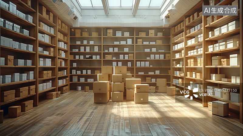 【AI数字艺术】仓储货架上摆满纸箱快递包裹，物流配送服务概念图片素材