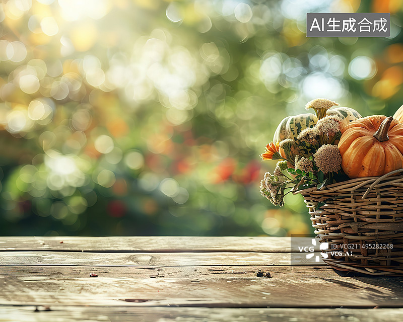 【AI数字艺术】木桌上篮子里的南瓜特写镜头图片素材