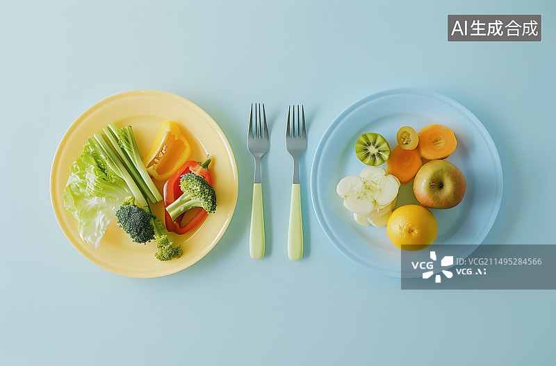 【AI数字艺术】正上方蓝色背景的盘子里的水果图片素材