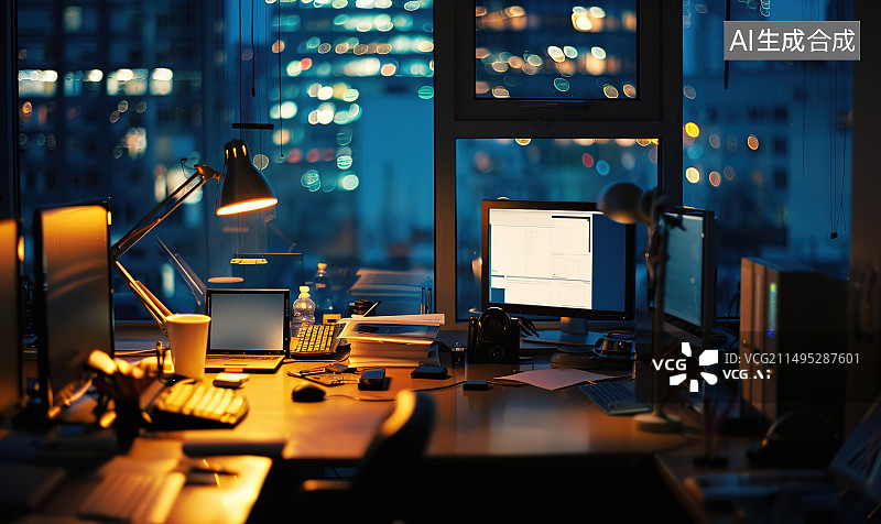 【AI数字艺术】办公室办公桌上的笔记本电脑特写镜头图片素材