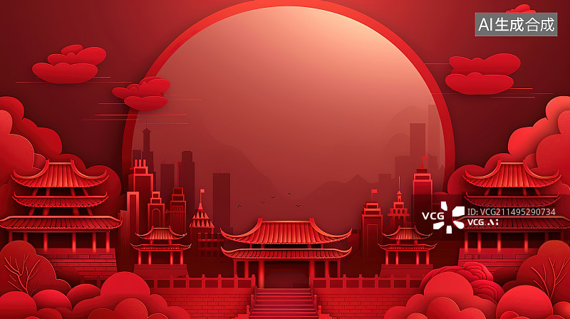 【AI数字艺术】红色背景下的中式传统建筑图片素材