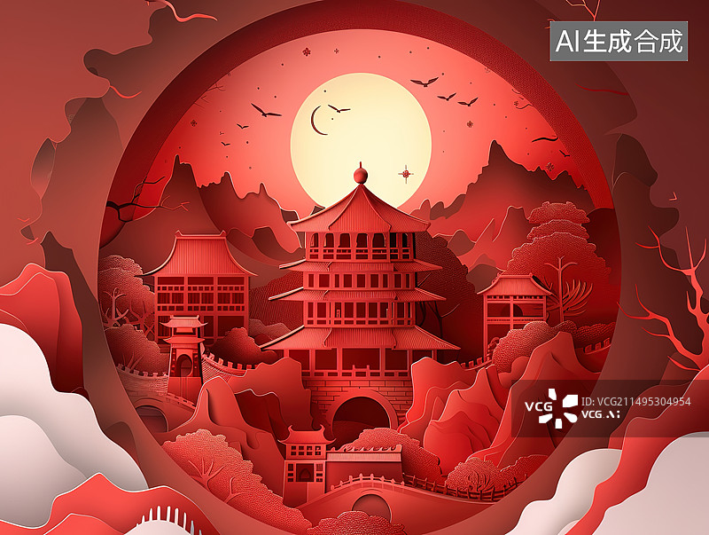 【AI数字艺术】红色风中的传统建筑图片素材
