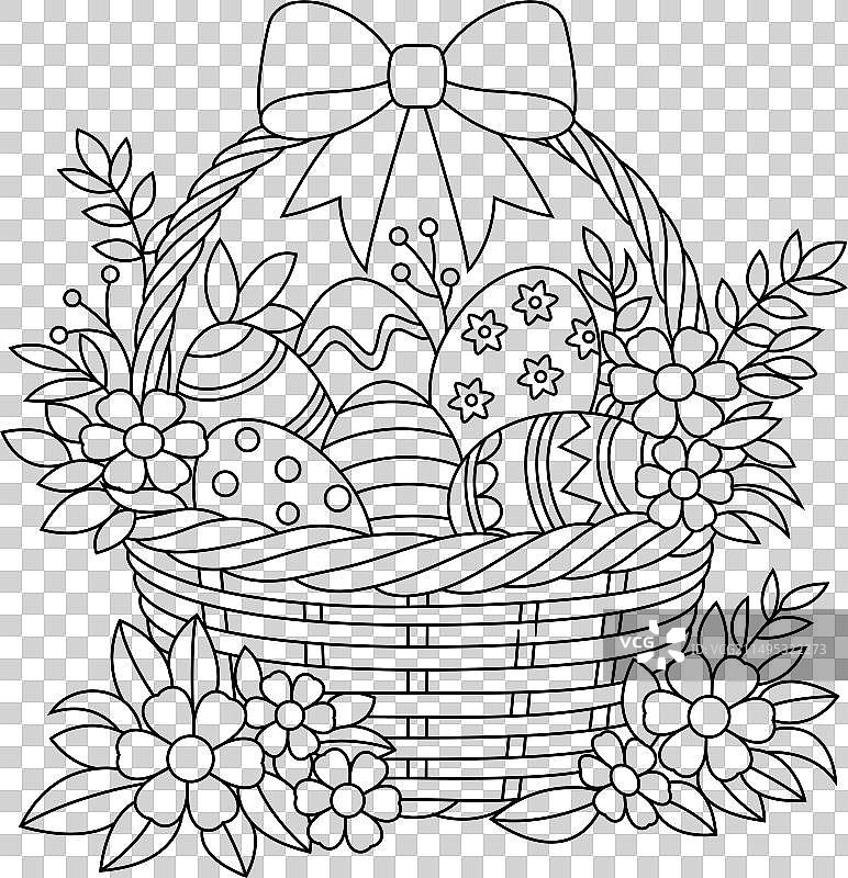 复活节鲜花柳条篮子填色页图片素材
