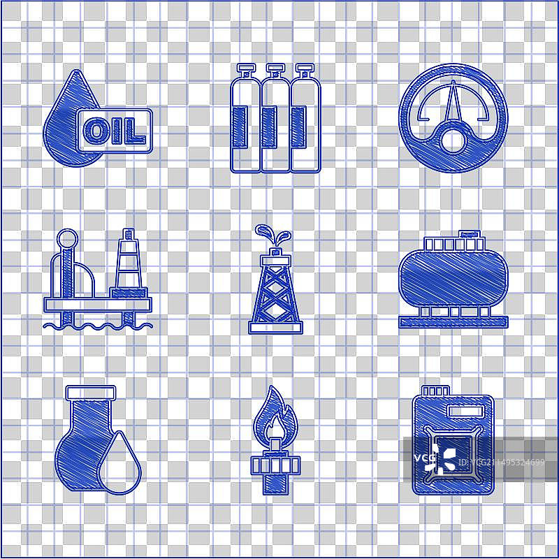 带火焰的钻井平台和机油罐套装图片素材