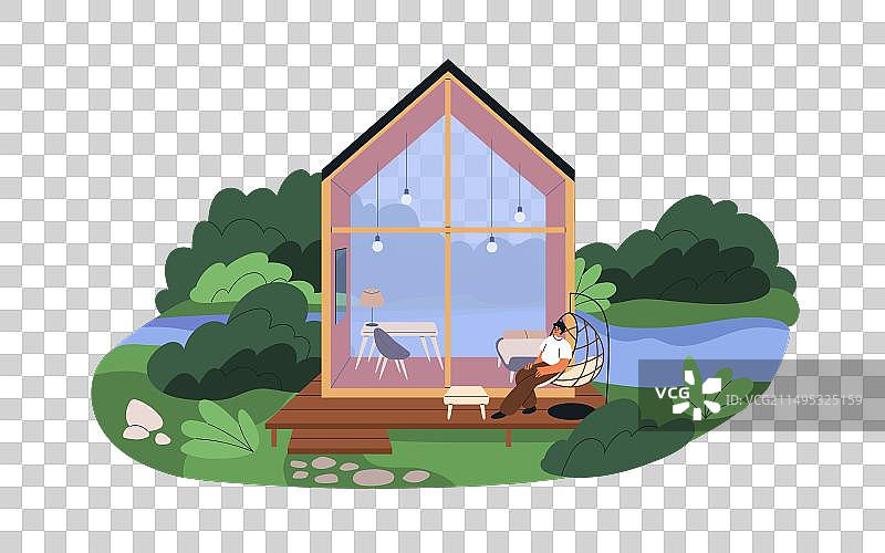 在野外豪华露营小屋中放松的男人图片素材