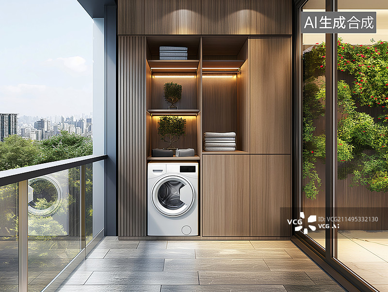 【AI数字艺术】现代装修风格的阳台洗衣柜图片素材