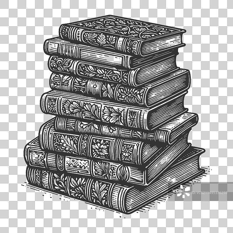 古董书籍堆叠素描图片素材