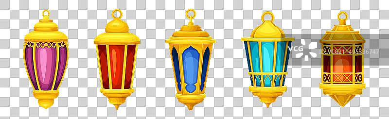 金色框架和圆环的阿拉伯灯笼套装图片素材