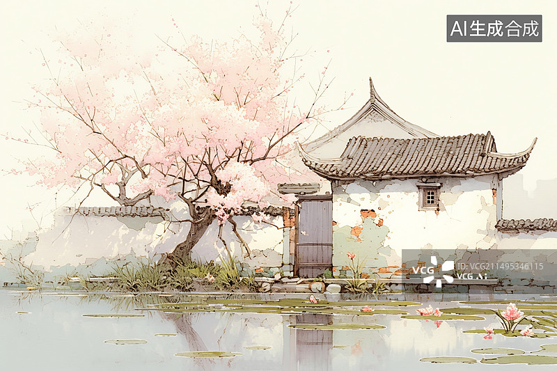 【AI数字艺术】南方的古镇老房子水彩画图片素材