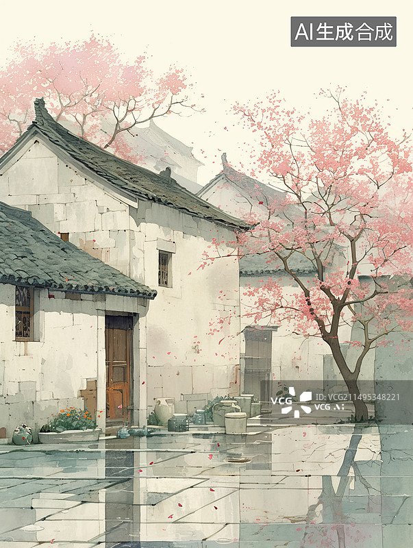 【AI数字艺术】古镇老房子水彩画图片素材
