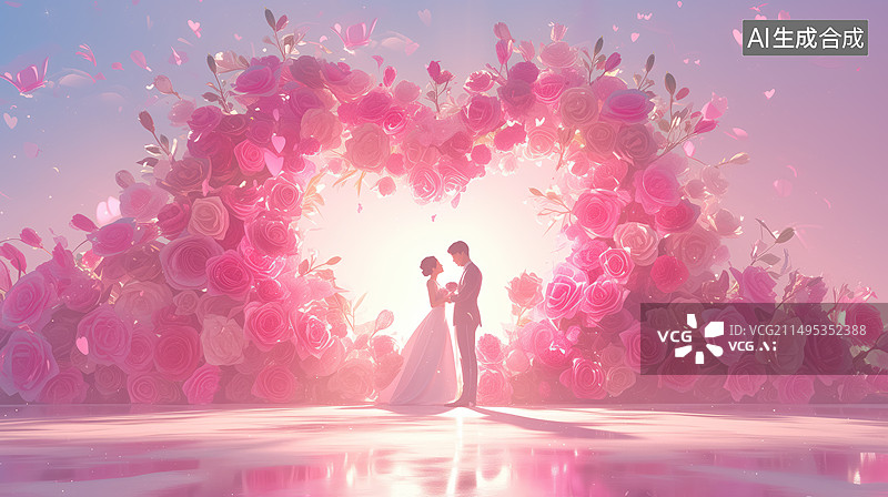 【AI数字艺术】心形玫瑰花海前的一堆恋人图片素材