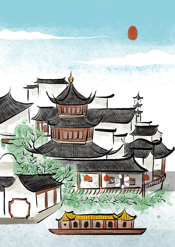 国潮风城市古建筑插画-南京夫子庙图片素材