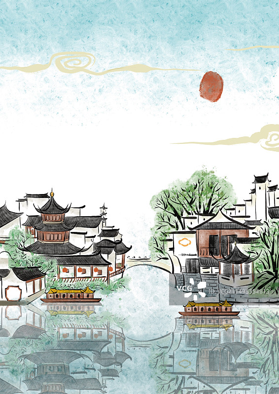 国潮风城市古建筑插画-南京夫子庙图片素材