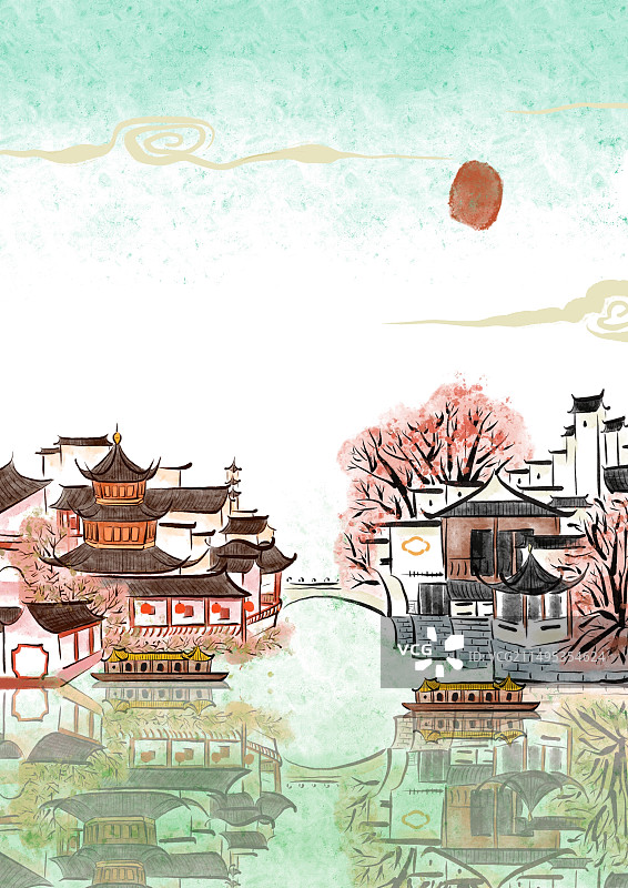 国潮风城市古建筑插画-南京夫子庙图片素材