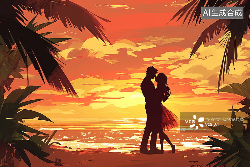 【AI数字艺术】海边情侣相拥剪影图片素材