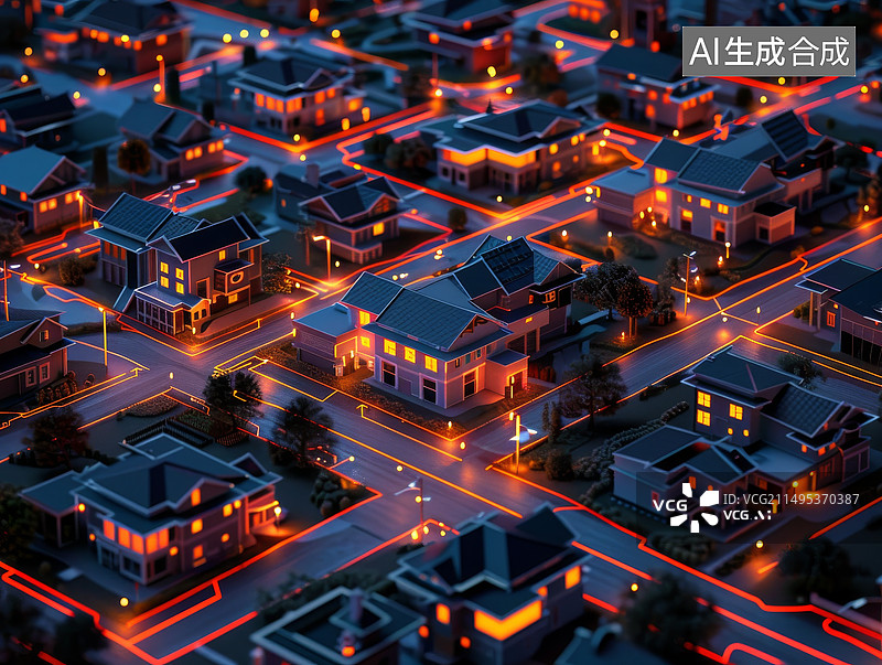 【AI数字艺术】电路与信息流联系起来的小房子 智慧社区 地球村图片素材