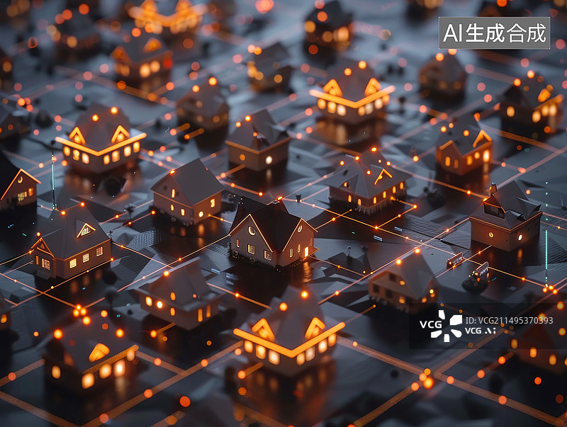 【AI数字艺术】电路与信息流联系起来的小房子 智慧社区 地球村图片素材