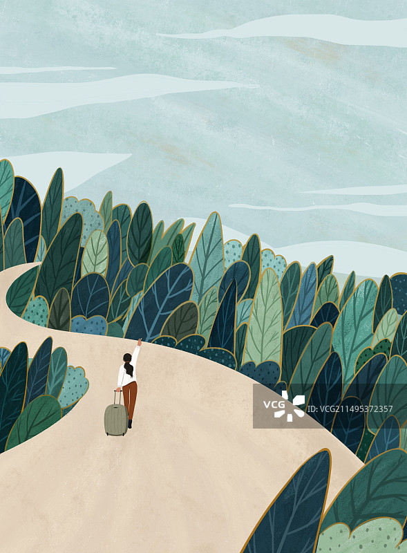 女孩走在蜿蜒的路上，树林，旅行追梦图片素材