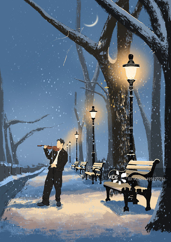冬日下雪的夜晚拉小提琴的男生图片素材