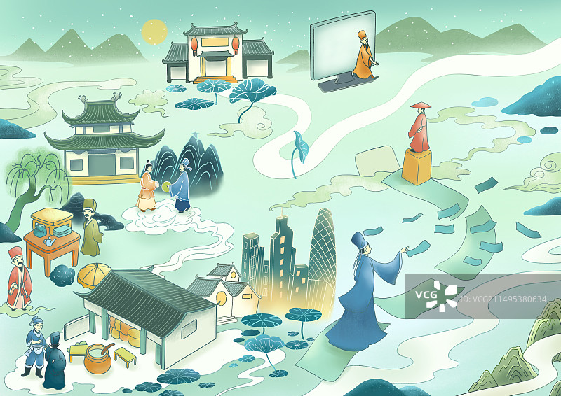 国风山水与古镇生活的人们图片素材