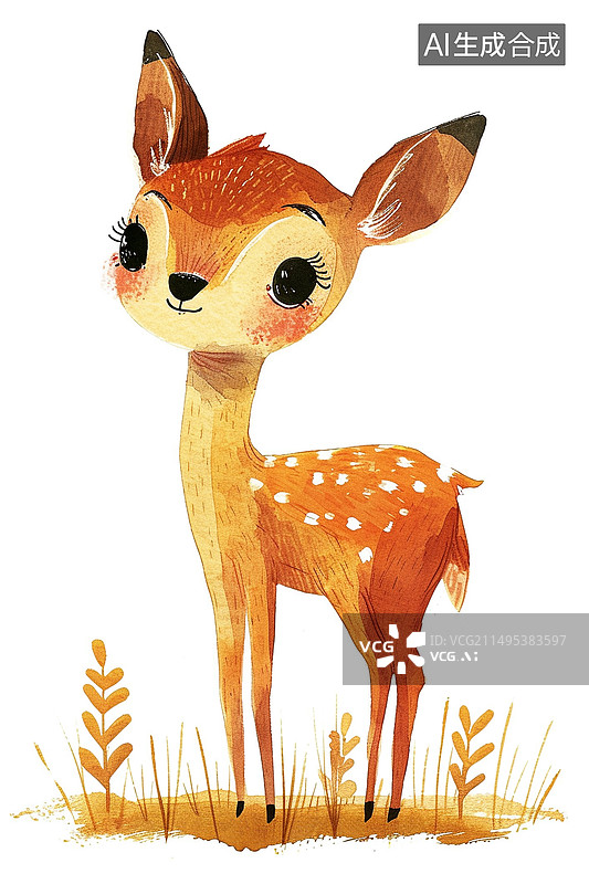 【AI数字艺术】水彩卡通插画可爱的小梅花鹿图片素材
