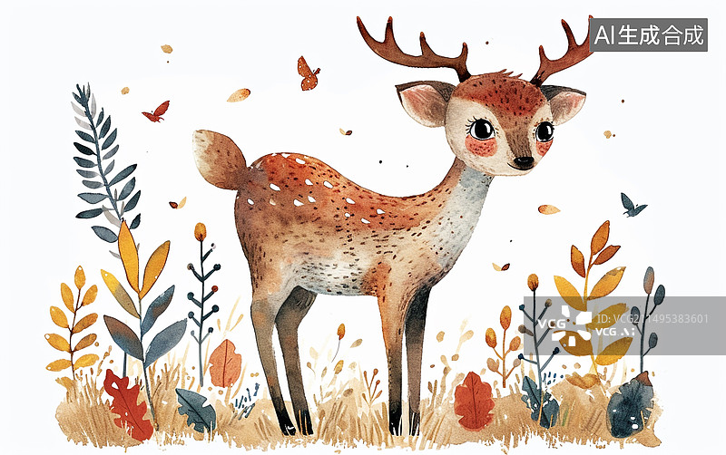 【AI数字艺术】水彩卡通插画可爱的小梅花鹿图片素材