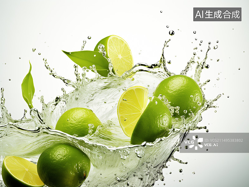 【AI数字艺术】水中的新鲜水果青柠檬图片素材