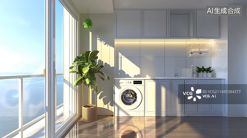 【AI数字艺术】海景阳台嵌入式洗衣机家电现代简约场景图片素材