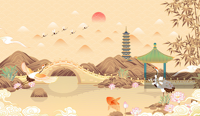 江苏扬州瘦西湖二十四桥风景矢量插画图片素材