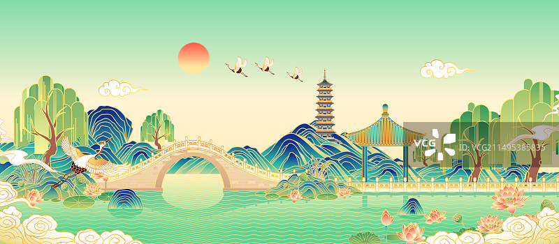江苏扬州瘦西湖二十四桥风景矢量插画图片素材