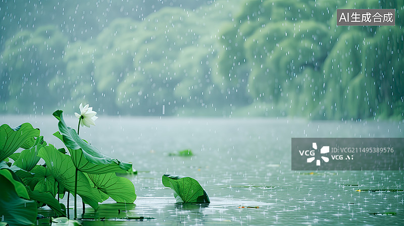 【AI数字艺术】下雨天的荷花池图片素材